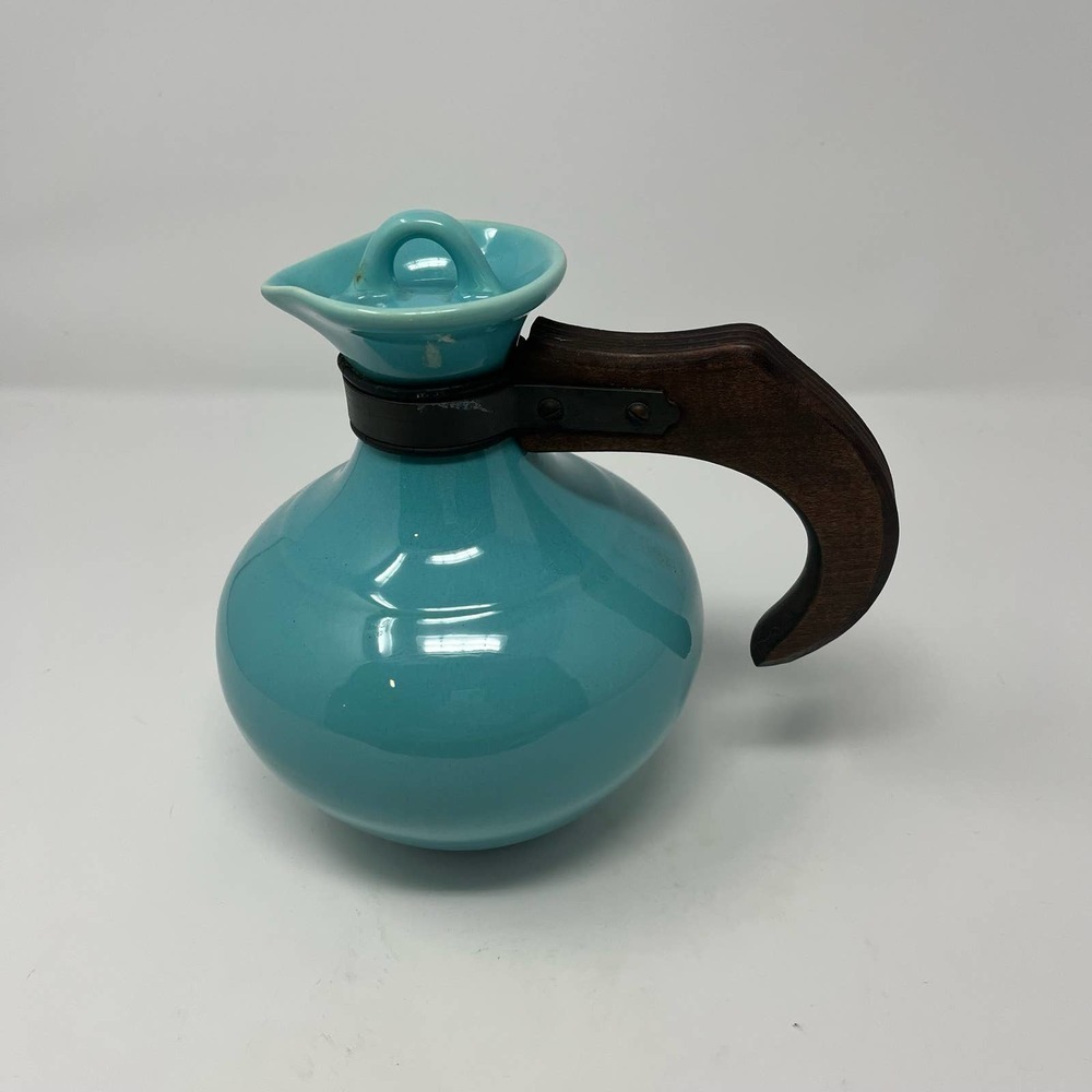 Vintage Gladding McBean Pottery Pitcher Carafe w/ Wood Handle & Lid